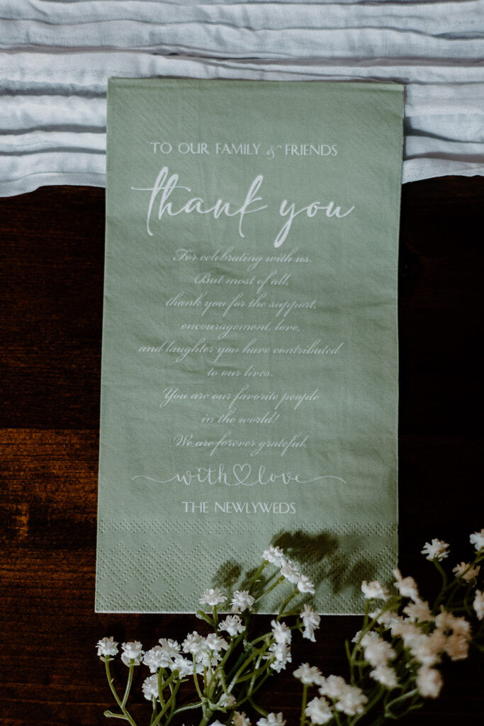 Custom wedding reception thank you napkins.