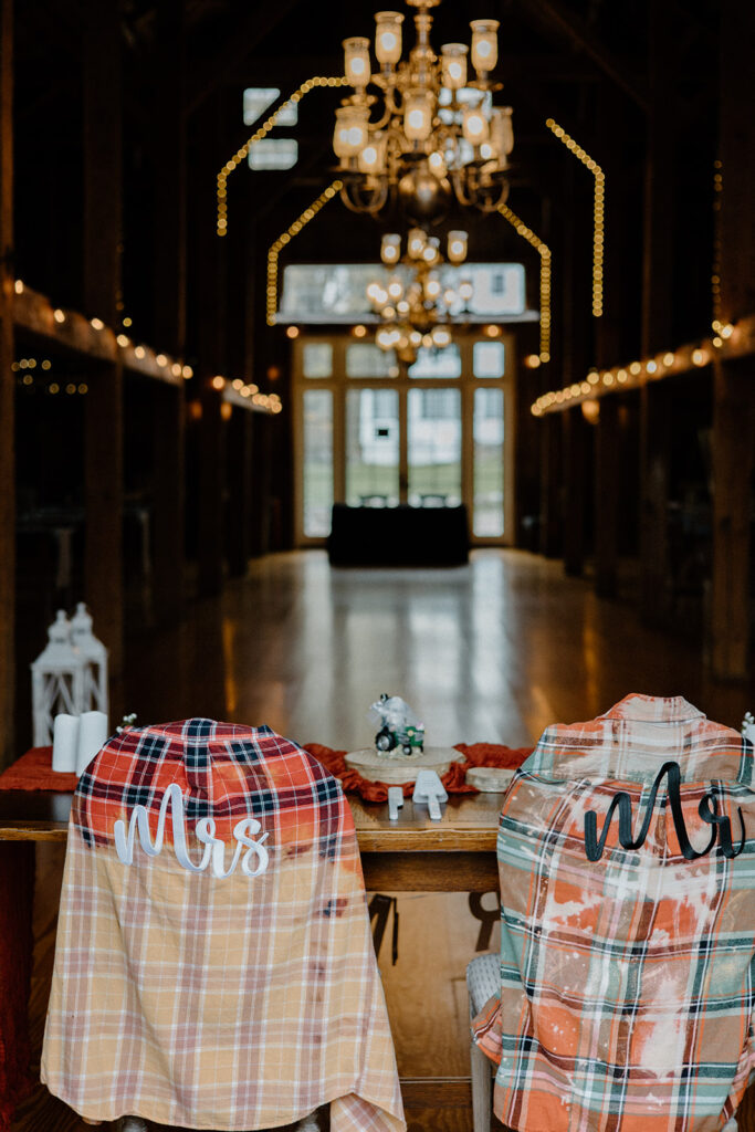 Mr and Mrs flannel sweetheart table chair covers.