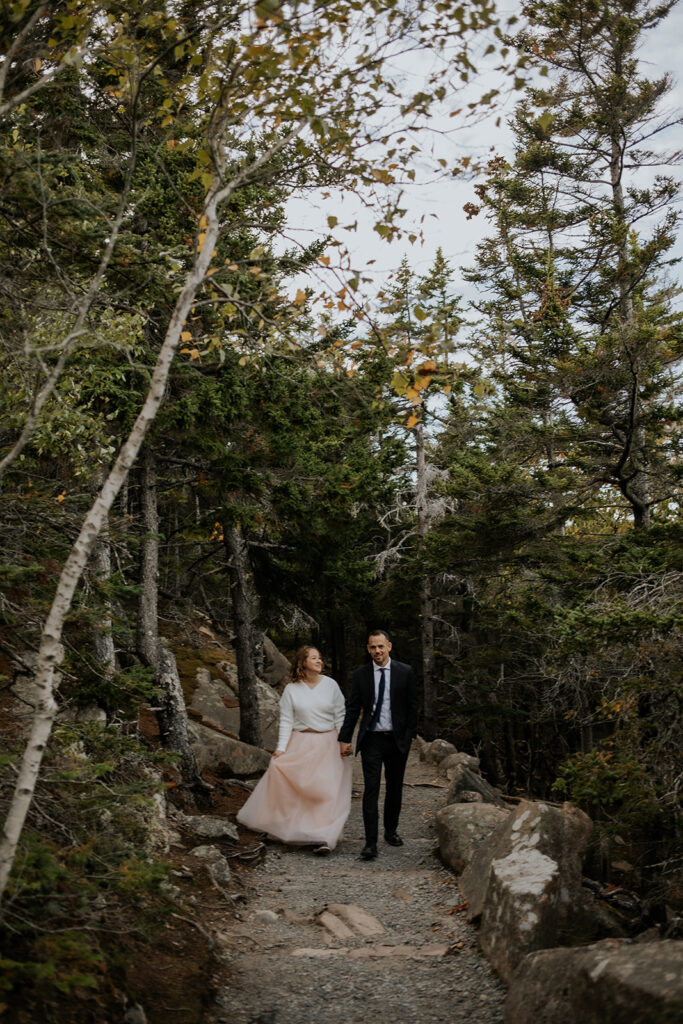 Forest engagement session at Acadia National Park on Mount Desert Island in Maine.