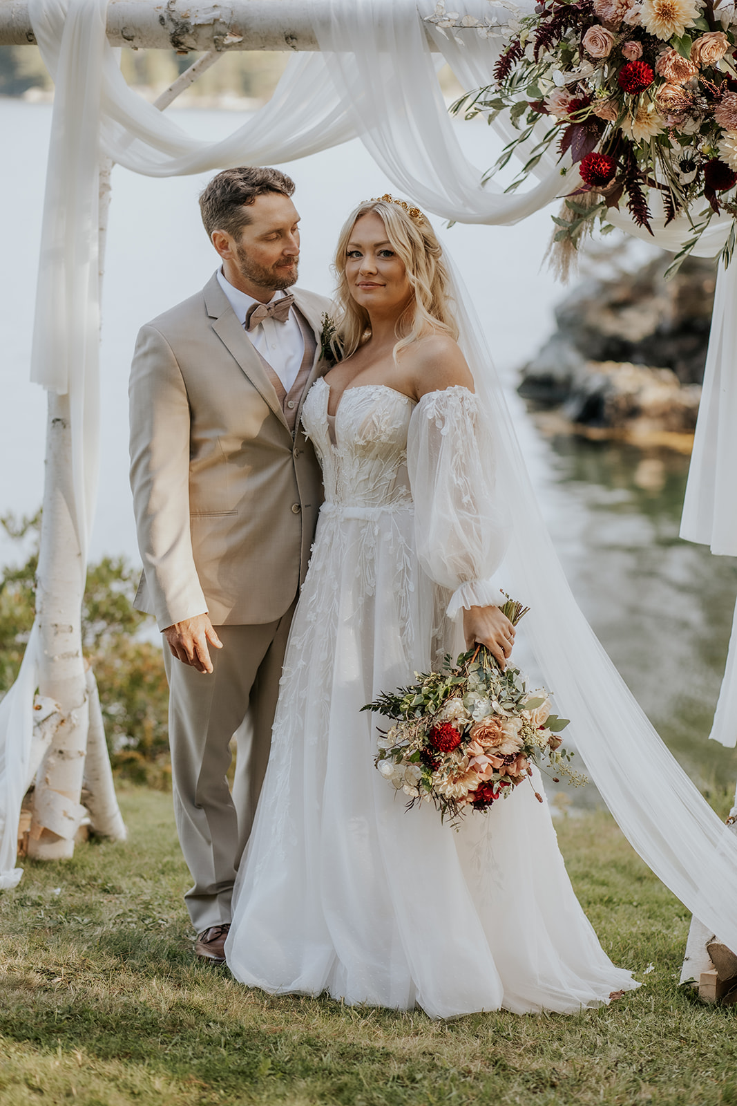 Fall outdoor wedding bride and groom portrait in Maine.