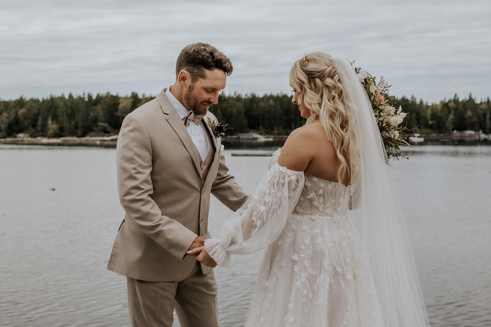 Bride and groom first look in coastal Maine.