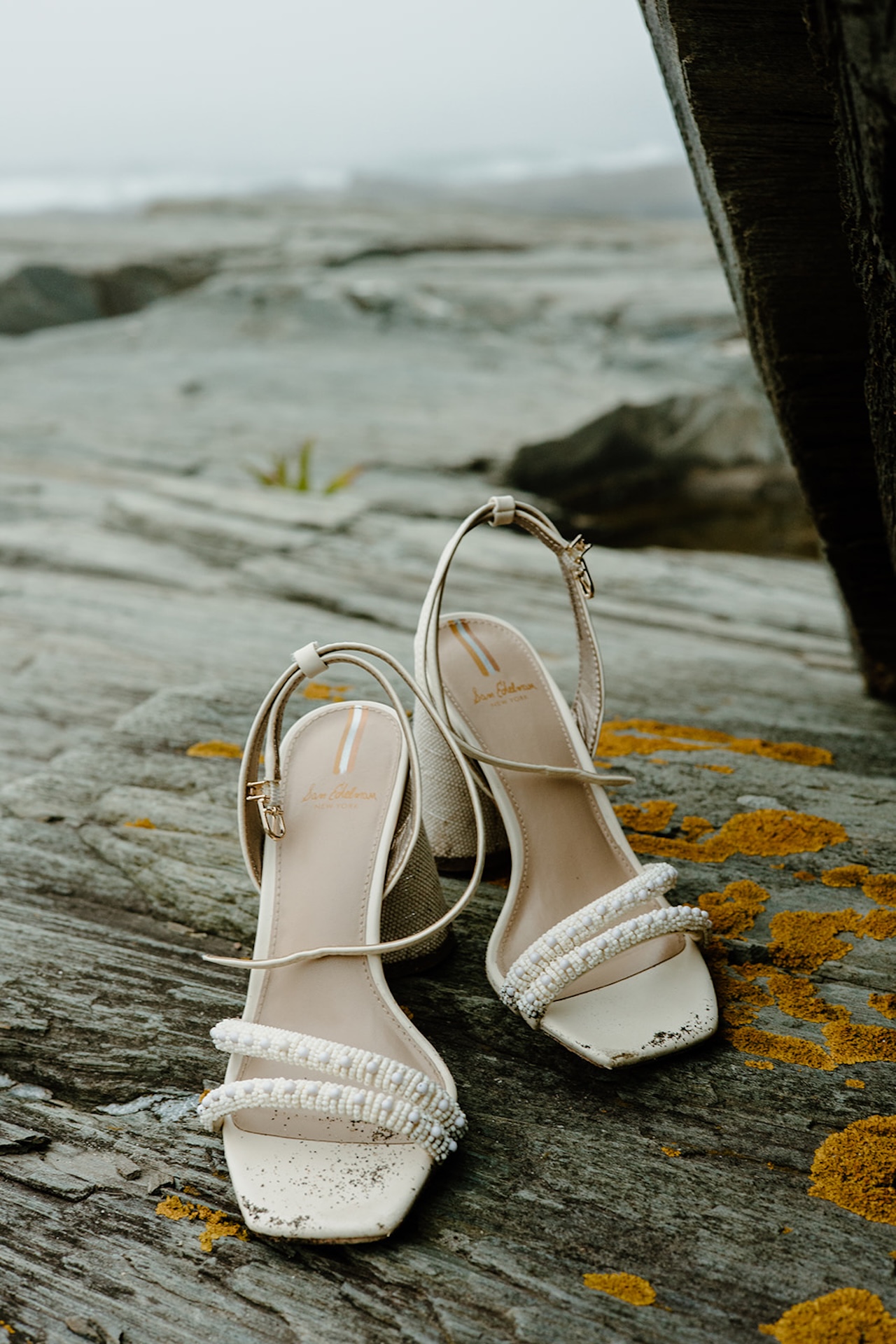 Close-up of bridal heels with pearl straps resting on driftwood near the rocky shoreline, textured detail photo.