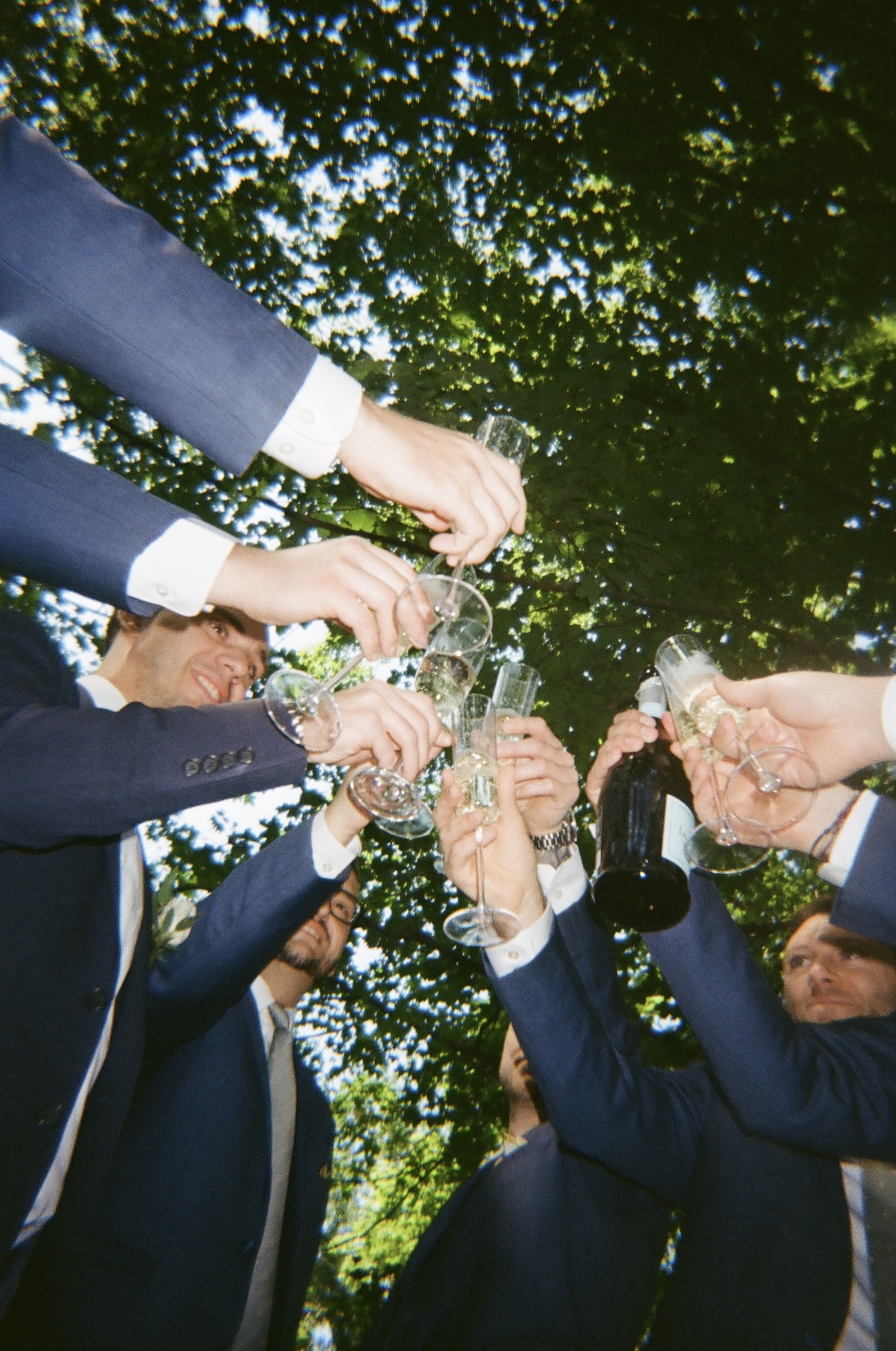 A joyful group of groomsmen in navy suits raising champagne glasses in a celebratory toast beneath the trees.