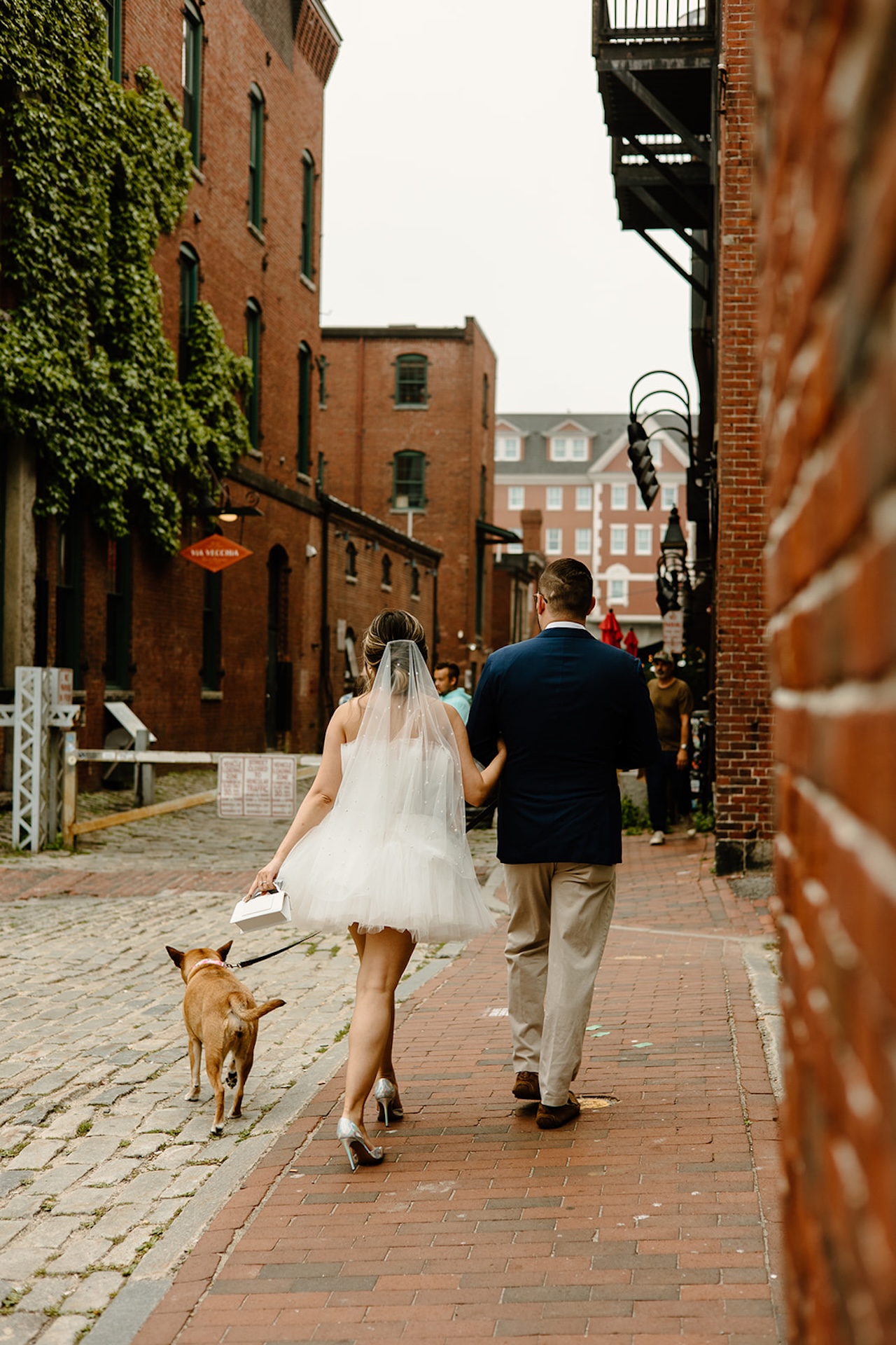 Couple walking hand in hand down a brick alleyway with their dog, surrounded by red brick buildings.