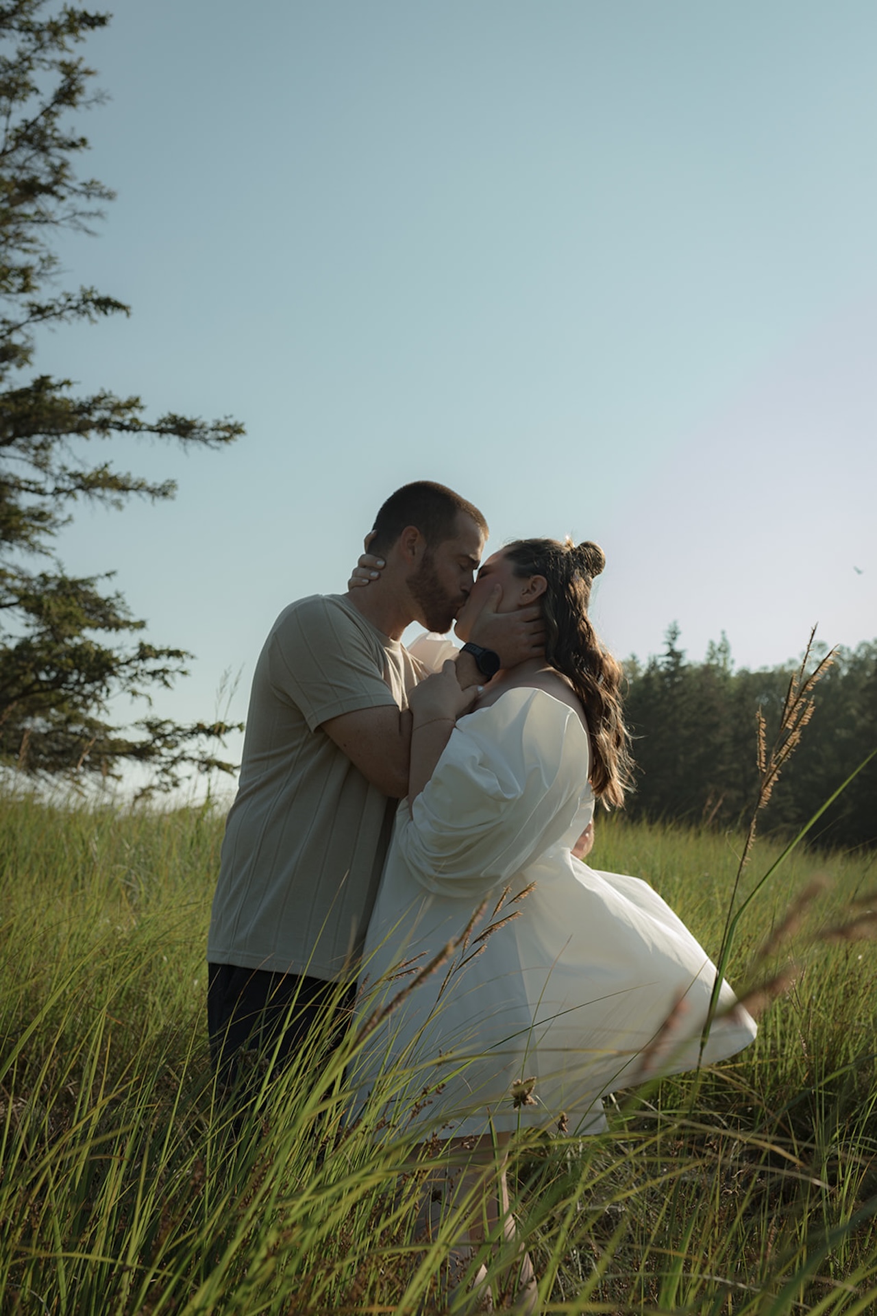 A couple kissing in a meadow with tall grass blowing around them, sunlight outlining their silhouettes — a candid, romantic moment from their Acadia engagement photos.