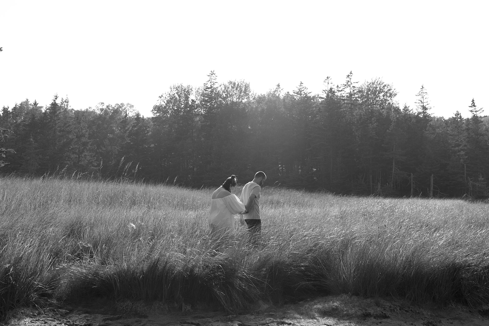 A black-and-white image of a couple walking hand-in-hand through tall grass with sunlight streaming behind them, an artistic take on Acadia engagement photos.