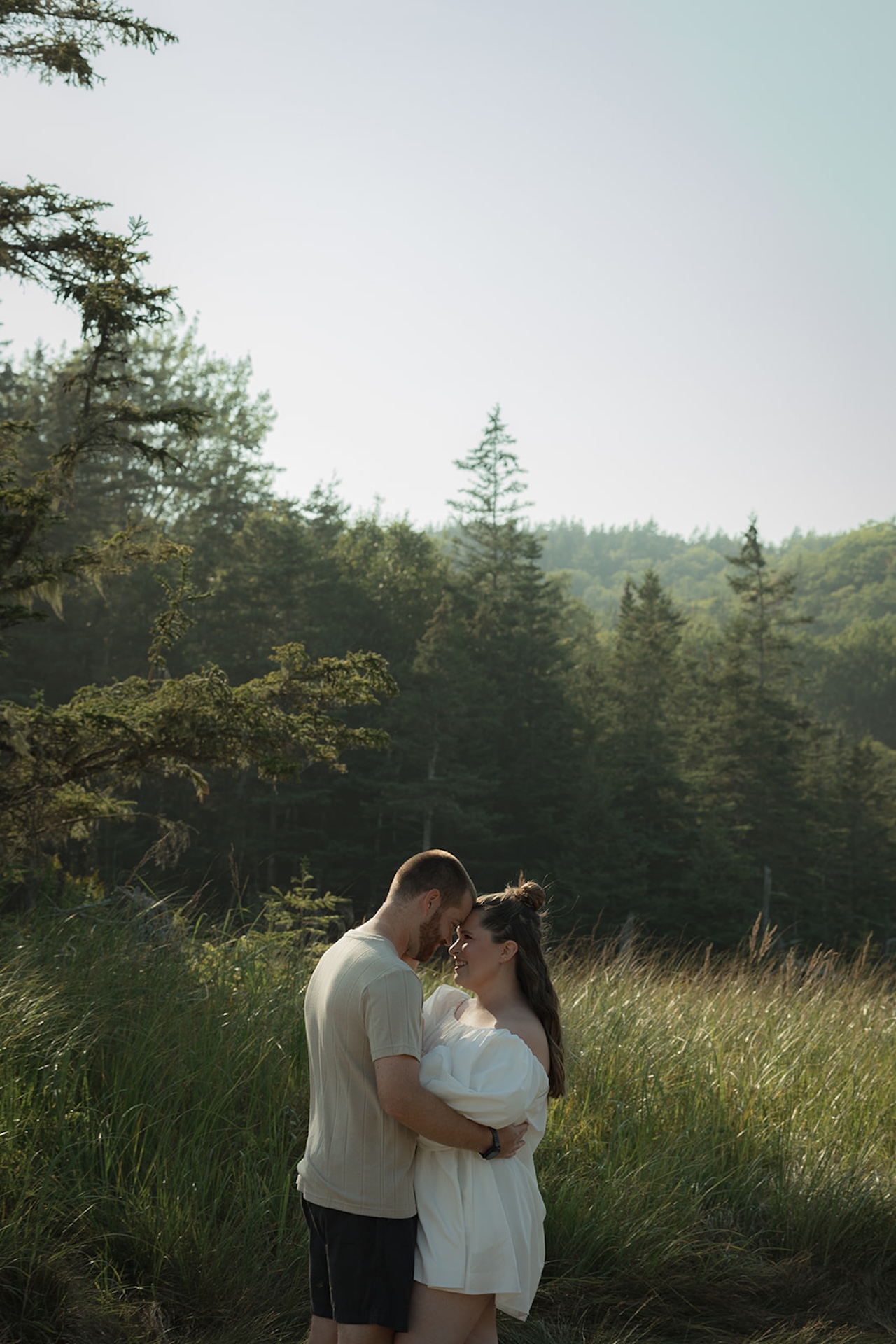A couple standing forehead-to-forehead in a sunlit meadow surrounded by tall grass and evergreen trees, sharing a quiet moment in nature.