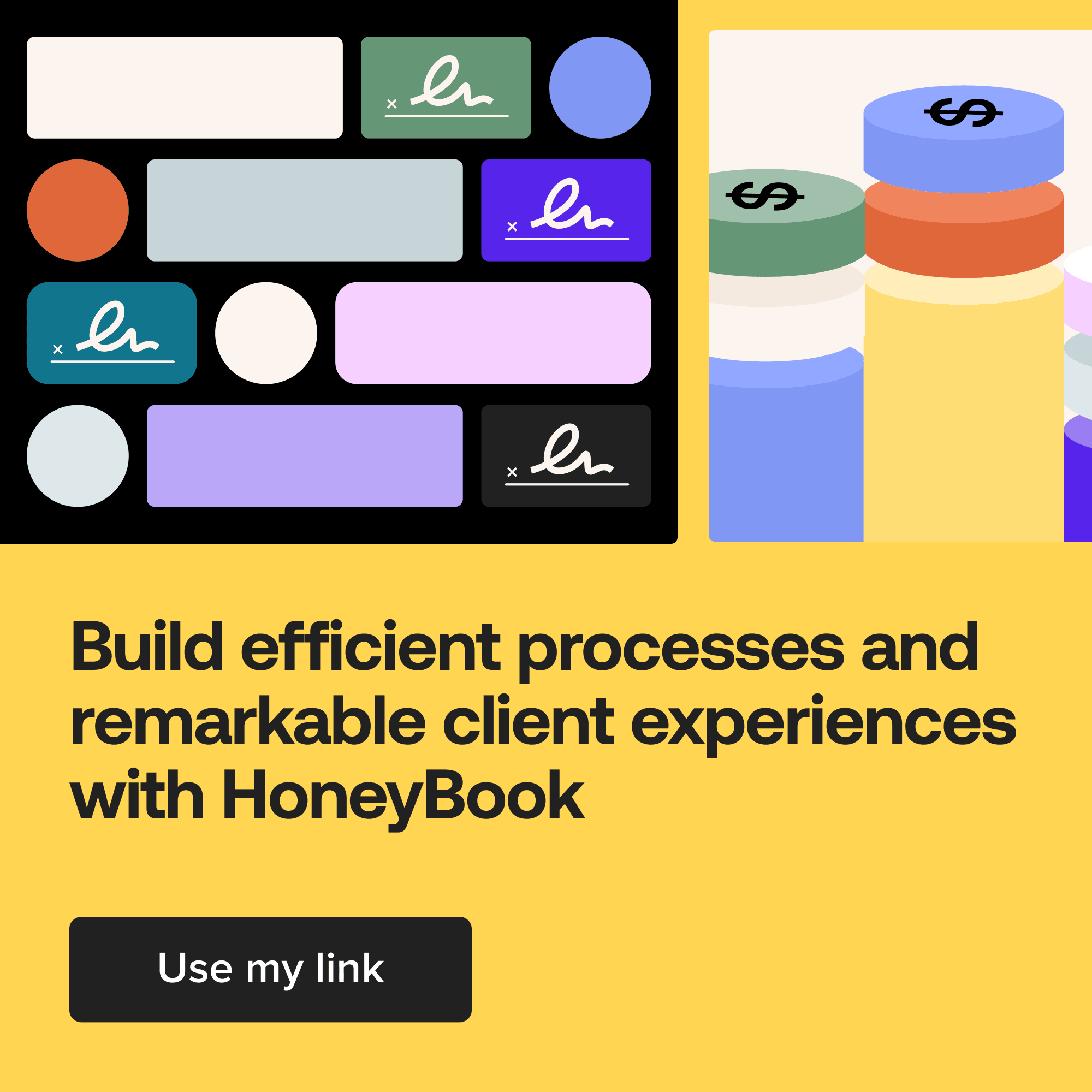 A graphic that says, "build efficient processes and remarkable client experiences with Honeybook" which is a CRM for businesses.