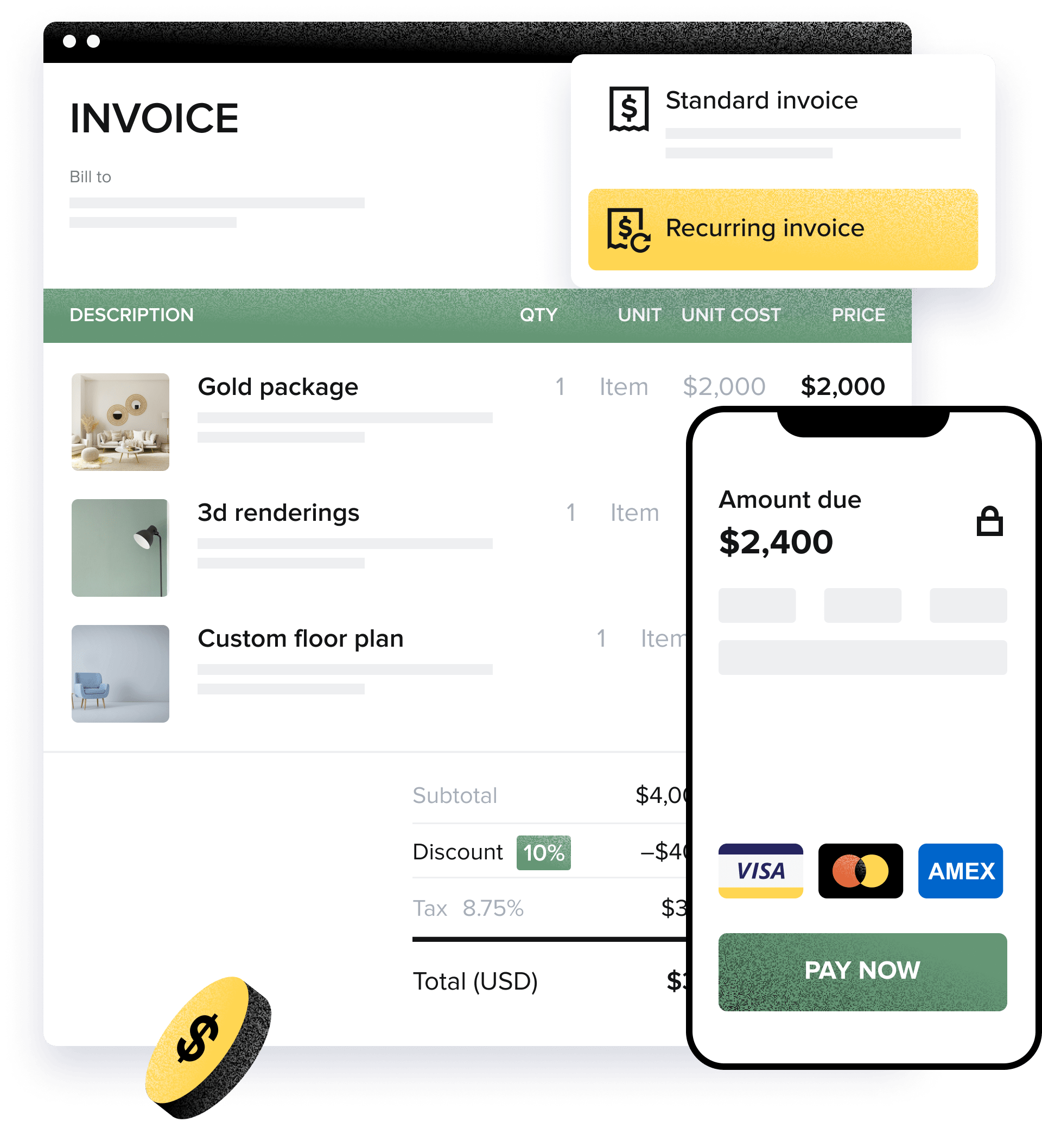 A graphic of a Honeybook template for an invoice and checkout page.
