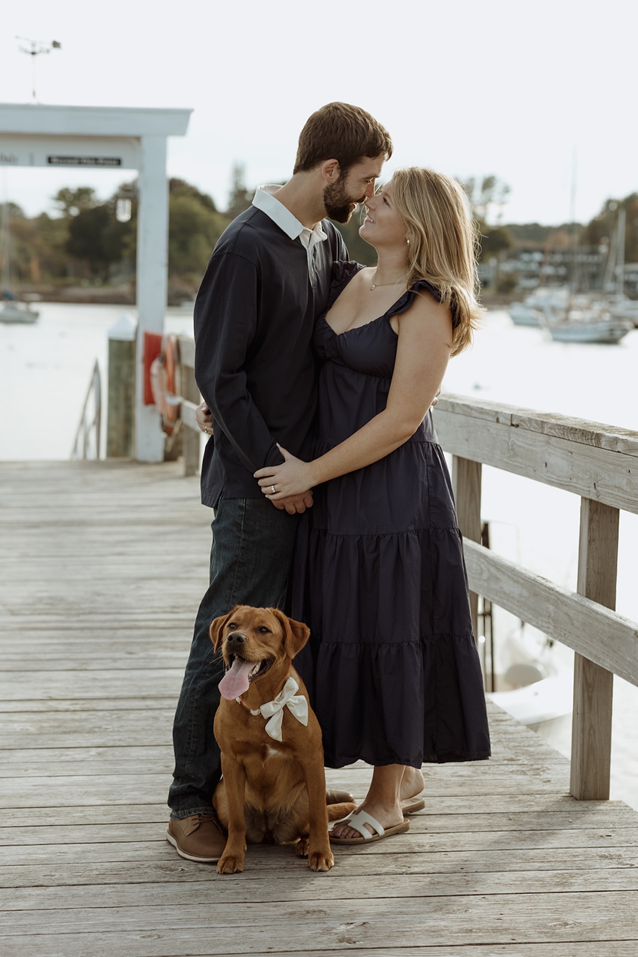 Couple embracing on a wooden dock with their dog sitting in front of them during engagement photos at Nubble Lighthouse in York Maine marina.
