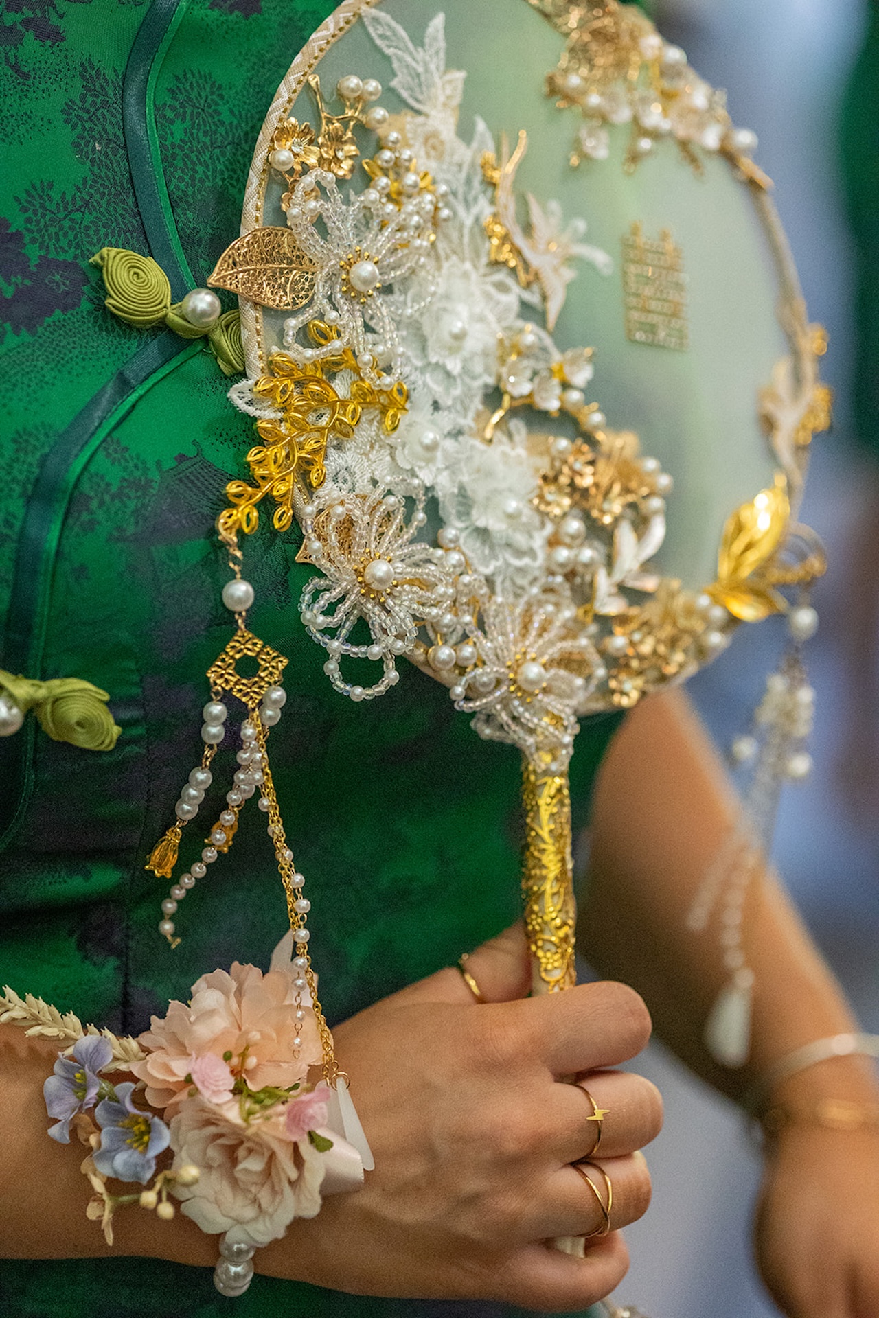 Wedding guests wearing vibrant attire and accessories during a colorful weddings reception