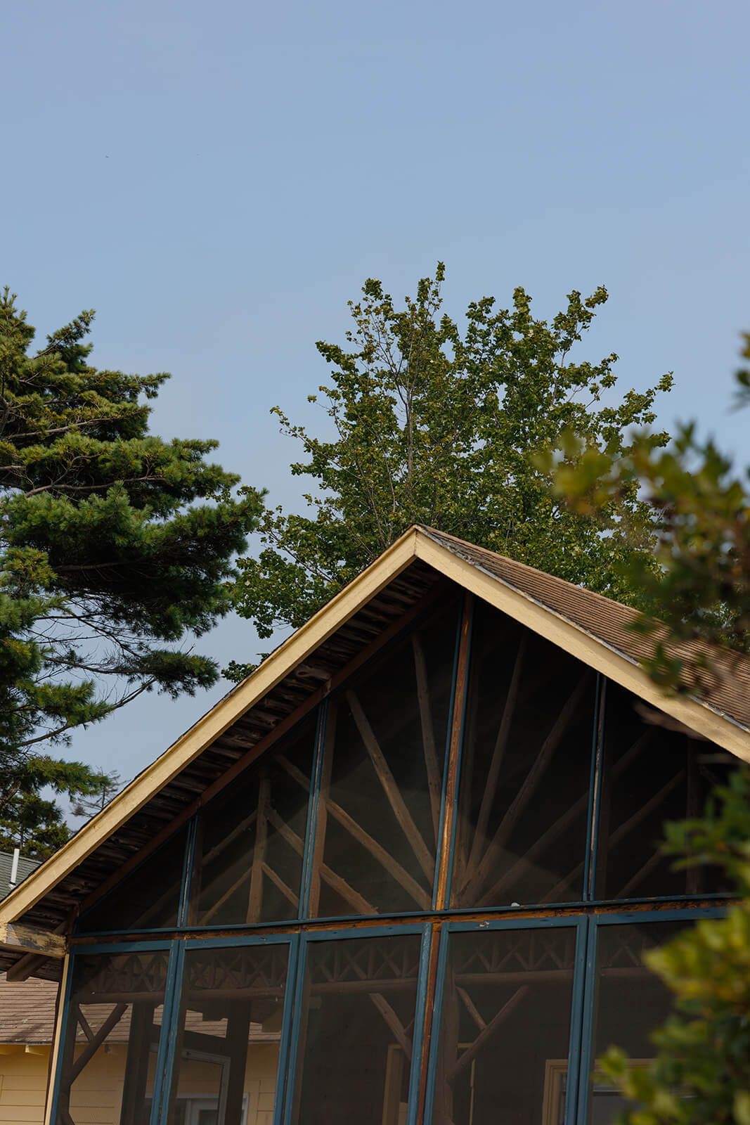 Rustic waterfront lodge at Sebasco Harbor Resort surrounded by trees in coastal Maine.