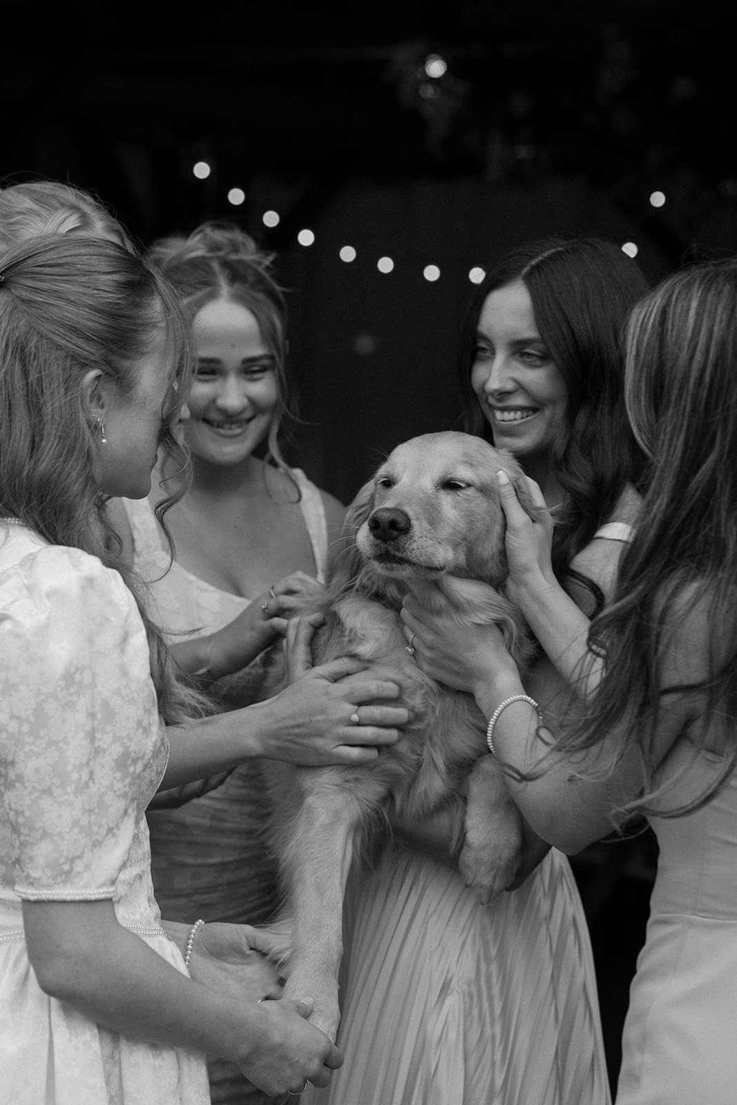 Black-and-white photo of wedding guests smiling as they gather around and pet a golden retriever.