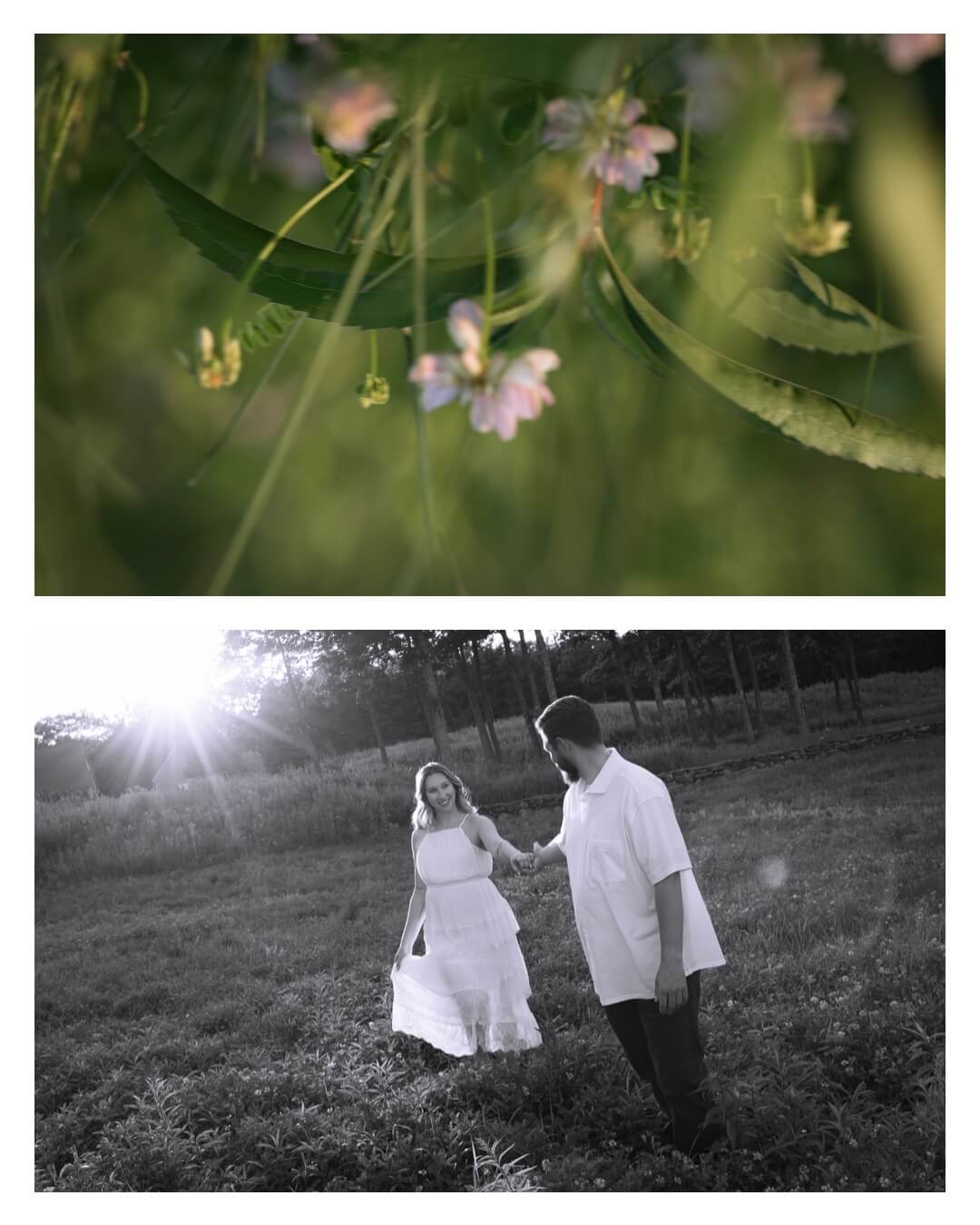 Black-and-white photograph of a couple walking hand in hand through a field as the woman holds the skirt of her dress.