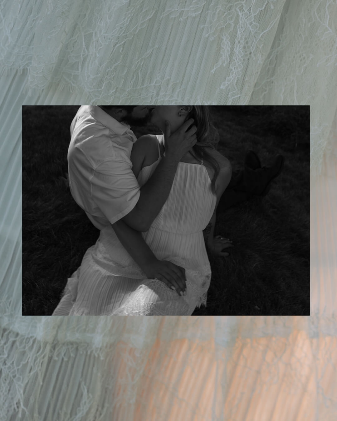 Editorial collage featuring close-up details of a white lace dress surrounding a black-and-white photograph of the couple embracing on the grass.