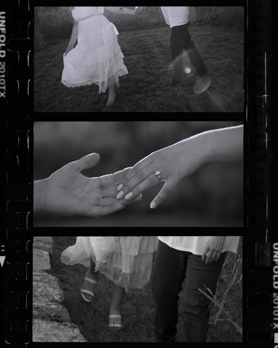 Black-and-white film contact sheet showing the couple walking through the field, reaching hands toward each other, and walking beside a stone wall.